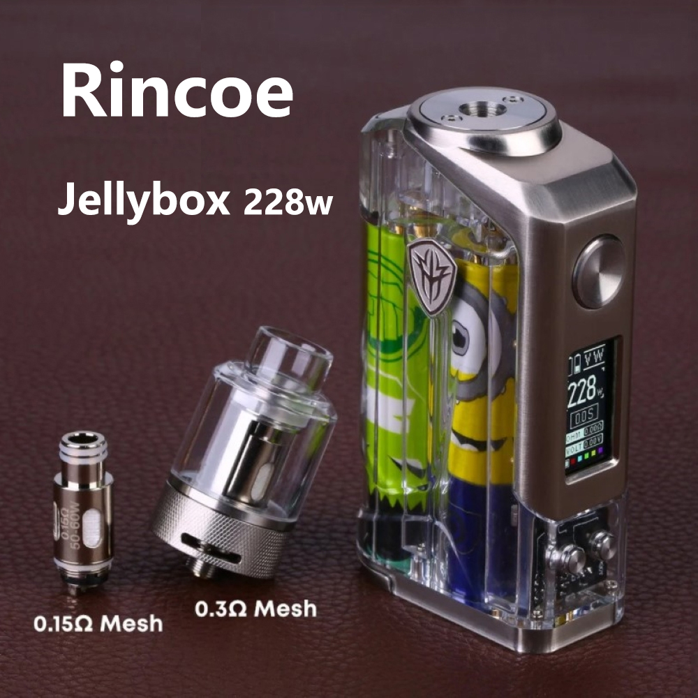 

new original e cigarette kits rincoe jellybox 228W box mod vape device 0.15 0.3 omh mesh coil with color display atomizer rba vaporizer pen external dual 18650 battery, Black clear