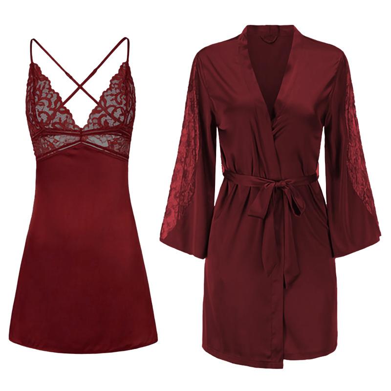 

Women's Sleepwear Burgundy Bride Wedding Robe Gown Sets 2PCS Summer Lace Sexy Nightgown Sleepshirts Women Kimono Bathrobe Lingerie Home Clot, Black