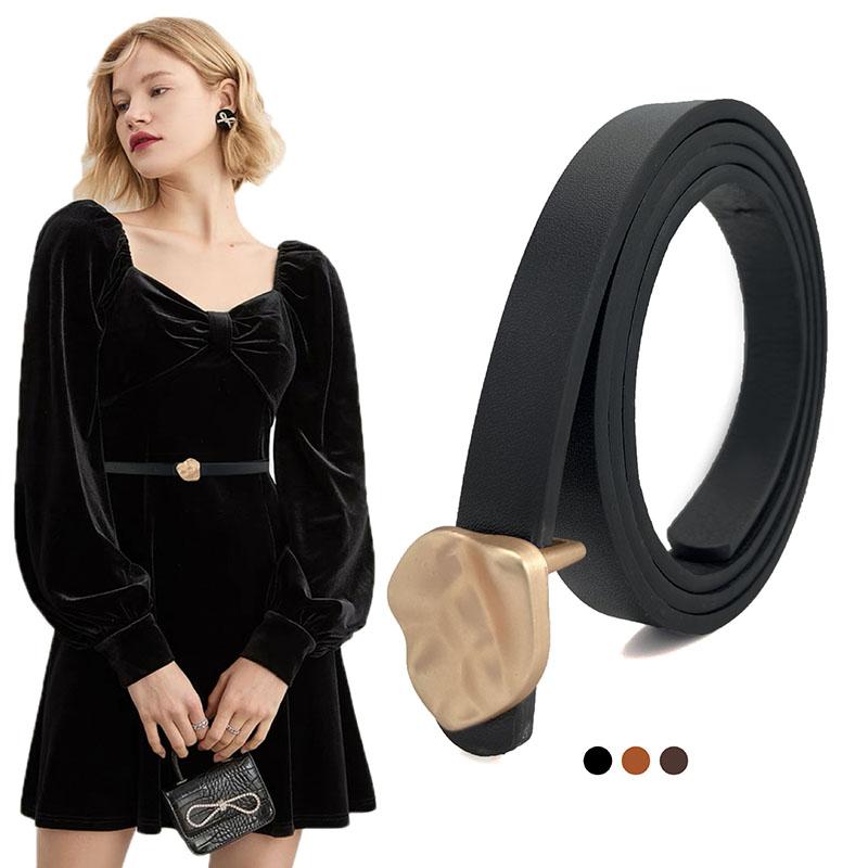 

Belts Est Women Leather High Quality Fashion Thin Waist Strap Design Gold Buckle Female Black Waistband With Jeans Dress