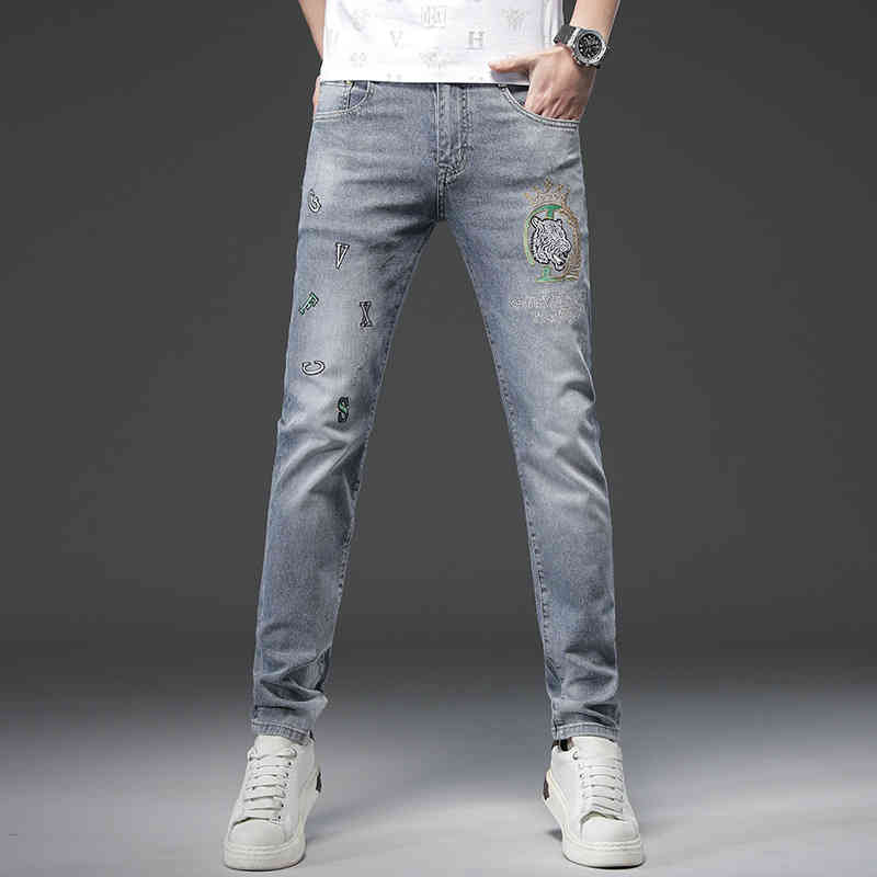 

European goods tide brand heavy industry tiger head embroidery men's jeans elastic slim fit feet 2022 spring and summer new casual pants, 22mk8235#