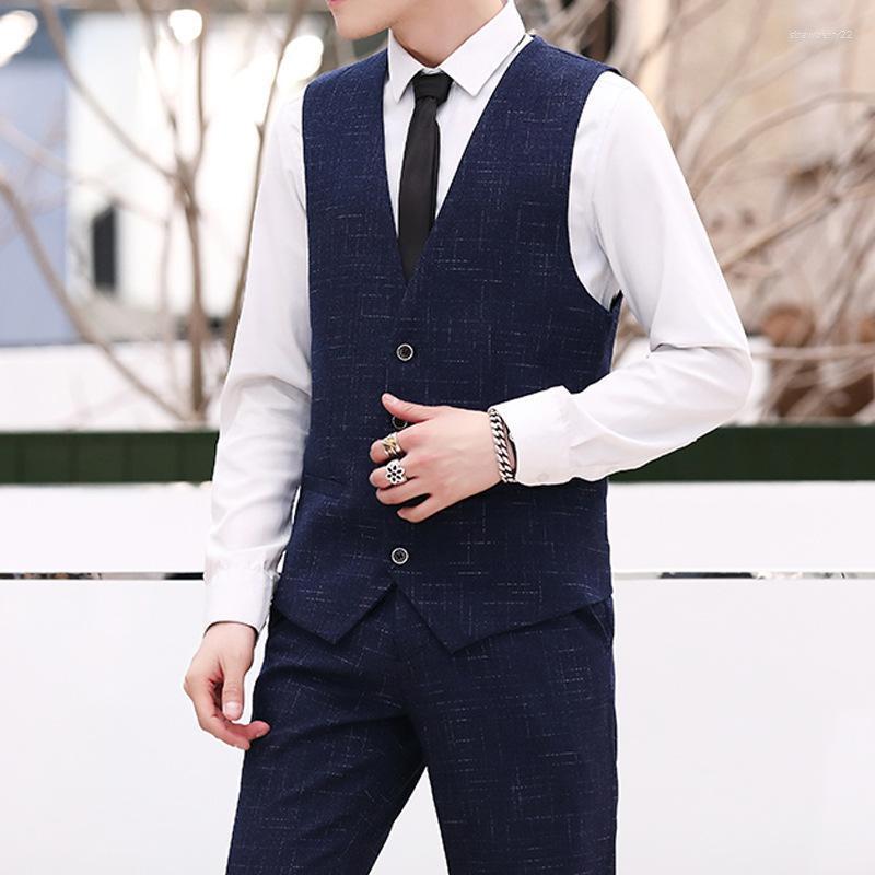 

Men's Vests Slim Fit Lattice Single Breasted Non Ironing Treatment Black Work V-neck Men Suit Vest Stra22, Navy