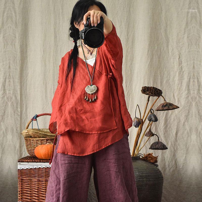 

Women's Blouses & Shirts 2022 Summer Solid Green Top Arts Style Women Long Sleeve Loose Casual V Neck Collar Cardigans Femme Blouse Plus Siz, Khaki