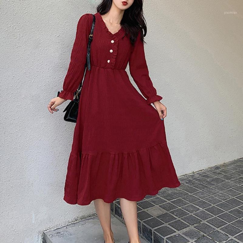 

Casual Dresses Sexy V Neck Buttons Women Dress Summer Long Sleeve Ruffles A-Line Elastic Waist Party Vestidos For 2022, Black