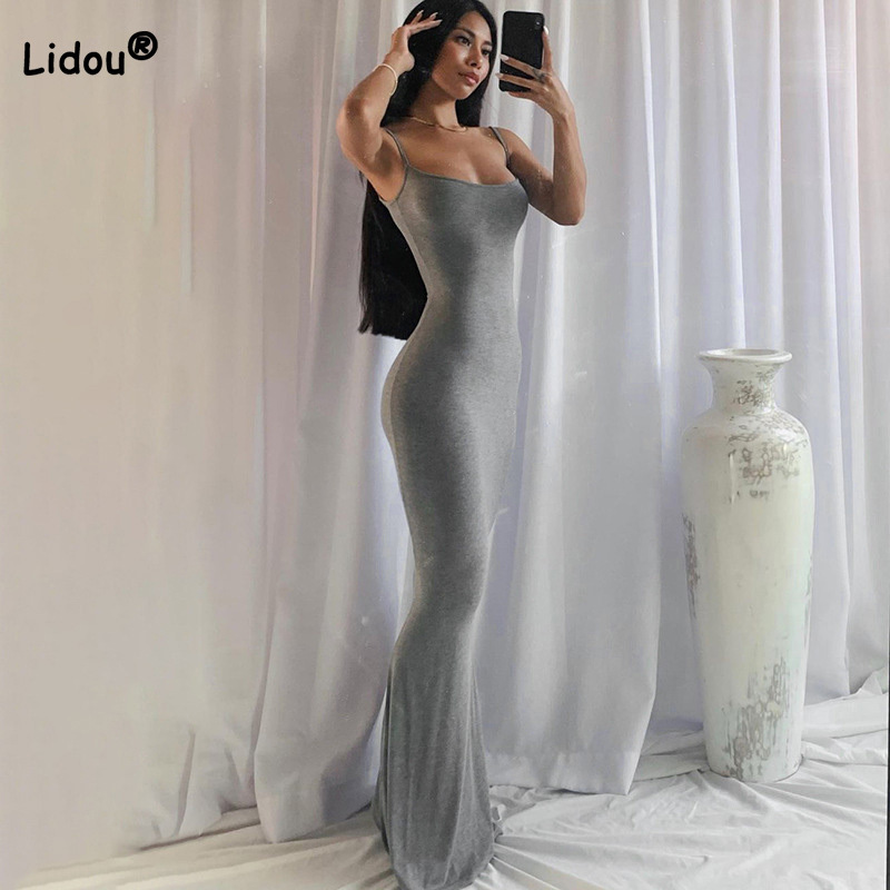 

Women Suspenders Skirt Kim Kardashian Style Solid Slim Casual Summer Open Back Sleeveless Grey Maxi Dress Female Clothing 220511, Gray