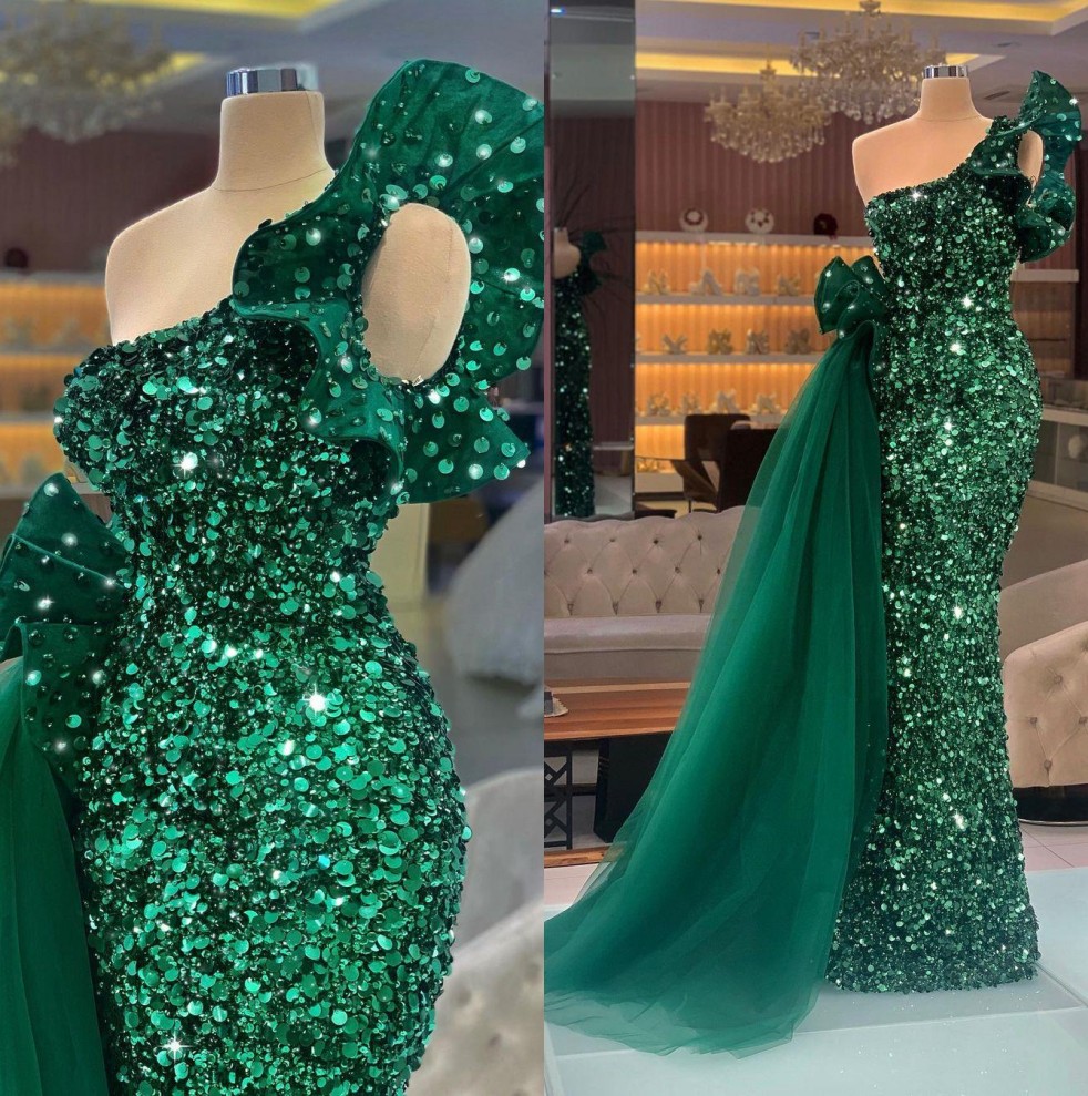 

Arabic Dark Green Sequined Mermaid Formal Evening Dresses Glitter One Shoulder Ruffles Prom Dress Peplum Floor Length Women Shiny Special Occasion Gowns BC14040, Orange