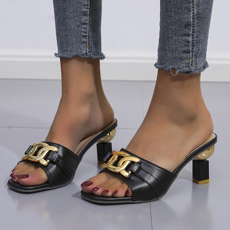 

Slippers Style Women Metal Buckle Mules Talons Summer Mature Office Lady Sandals Slides High Heeled Party Shoes Size 41, 7cm heel black