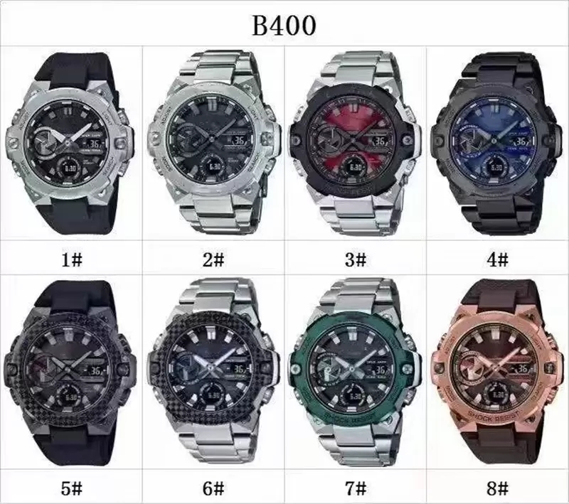 Men's Sports Quartz Digital Watch B400 Iced Out Watch Full Function LED Automatic Hand Raise Light World Time Stainless Steel Large Dial GST