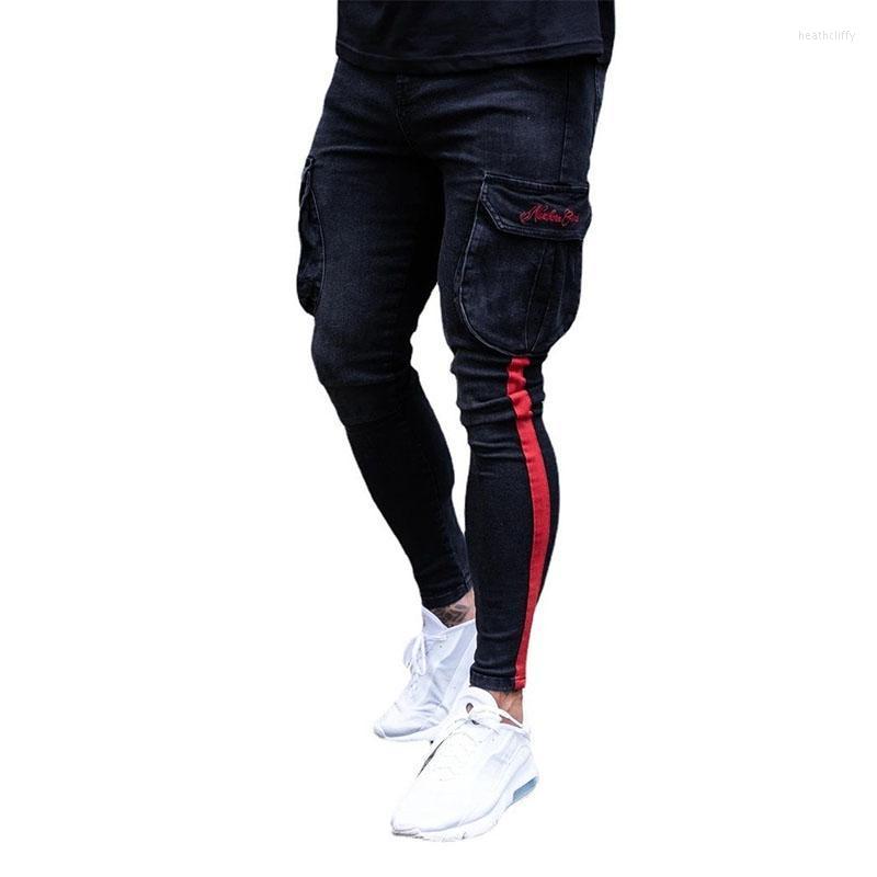 

Men' Jeans Fashion Men' White Stripe Splicing Slimming Pants Painted Pockets Men Pencil Plus Size Skinny MenMen' Heat22, Black