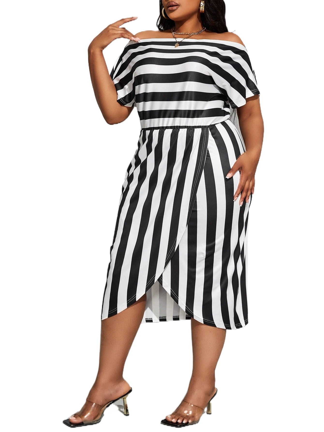 

plus Striped Off Shoulder Dolman Sleeve Wrap Hem Dress f49M#, Black and white