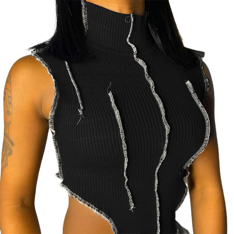 

Women' Tanks & Camis Summer Women Mock Neck Crop Vest Sexy Sleeveless Asymmetric Hem Rib Knit Stitching Tank Tops, Black