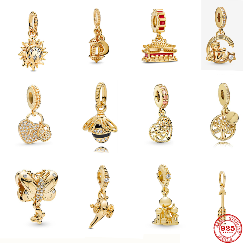 

925 Sterling Silver Dangle Charm NEW Gold Pendant Sparkling Sun Bee Tree Beads Bead Fit Pandora Charms Bracelet DIY Jewelry Accessories