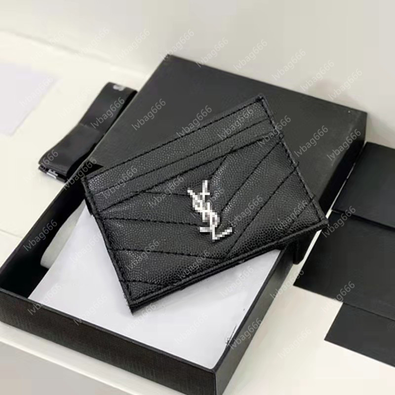 

2022 Fashion Card Holders Caviar Woman Mini Wallet Designer Pure Color Genuine Leather Pebble Texture Luxury Black Wallet With Box GGS YSLs LVs louiseity viutonity, Gold logo