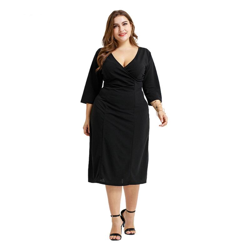 

Plus Size Dresses Black Spring Office Dress Half Sleeves European Clothes Women Long Summer 2022 Sexy Skirt Oversized V Neck