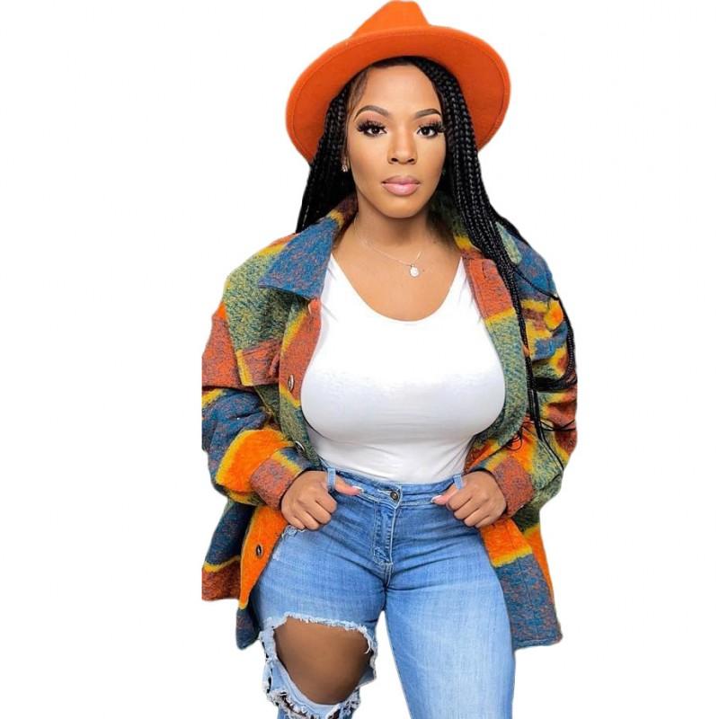 

Women' Jackets Y2k Women Coat Single Breasted Full Sleeve Outerwear Spring Autumn Colors Plaid Print Streetwear Loose Straight, Orange