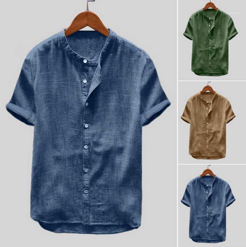 

Round Neck Men' Shirt Short Sleeve Solid Color Cotton And Linens Clothing Casual Shirts, Blue