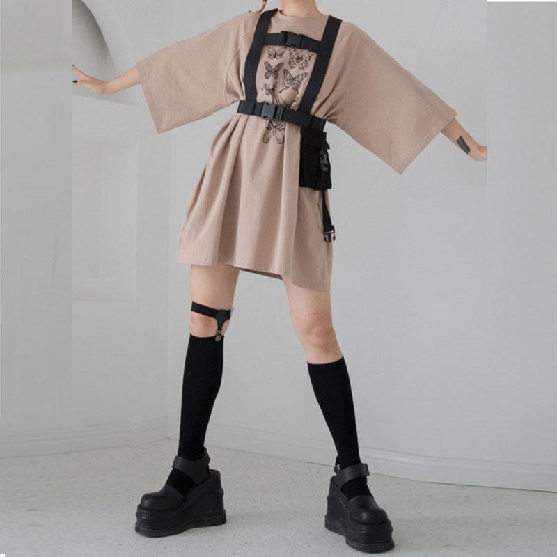 

Women's T-Shirt Street Style Butterfly Print Woman Long Cotton T-shirts Loose Round Neck Short Sleeve Harajuku Fashion Dress, Beige