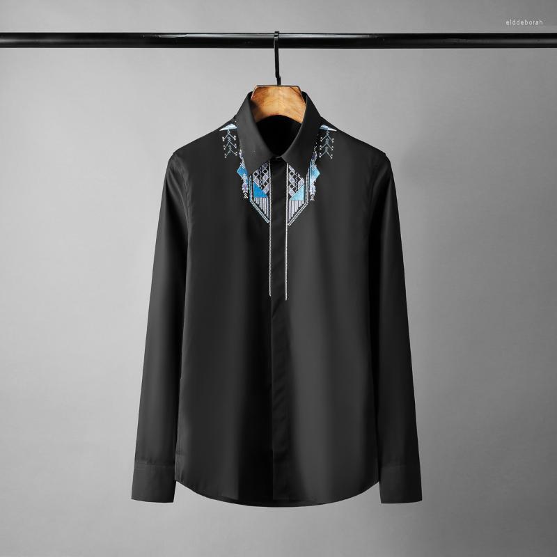 

Men's Casual Shirts Minglu Long Sleeve Mens Luxury Totem Embroidery Solid Color Dress Plus Size 4xl Slim Fit Male ShirtsMen's Eldd22, Black