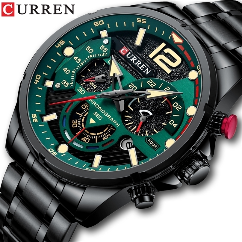 

CURREN Green Mens Watches Top Luxury Stainless Steel Quartz Watch Men Sport Date Male Clock Waterproof Wristwatch 220526, Black