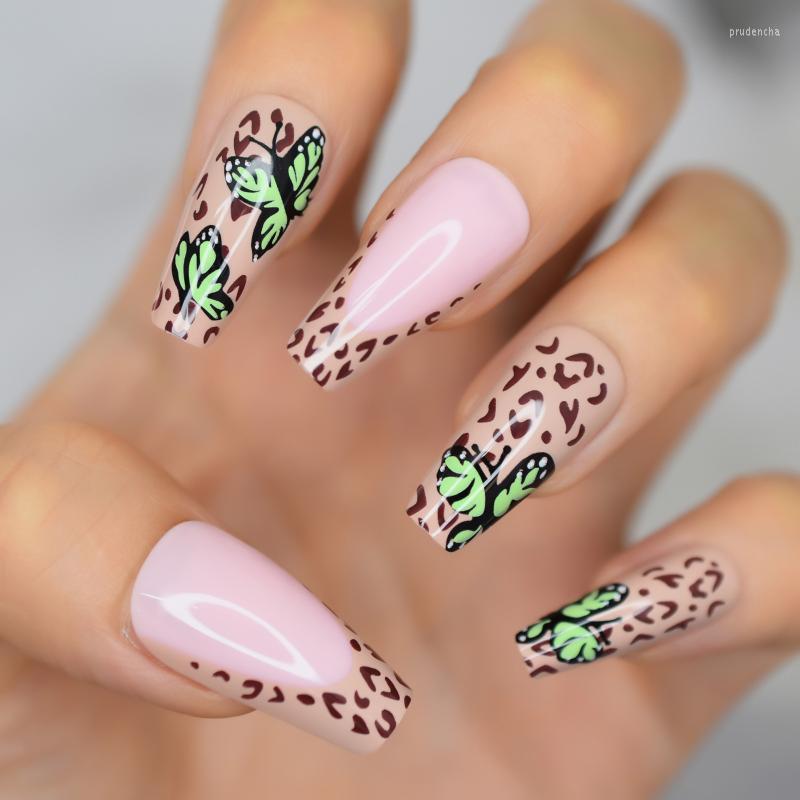

False Nails Leopard Fake Butterfly 2022 Press On With Designs Medium Nail Coffin Tips Trendy Fingernails Charms Prud22, L6112
