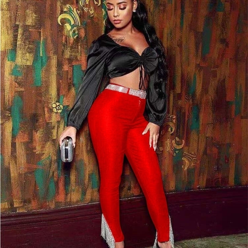 

4 Color Top Quality Pencil Women Pants Crystal Tassel Rayon Knitted SexyClub Bandage Pants Vintage Party Pant 201228, White