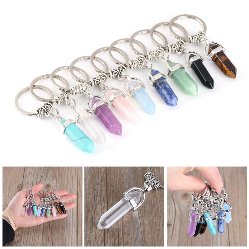 

Keychains Natural Stone Keychain Turquoise Pink Opal Amethyst Crystal Key Chains RingsKeychains
