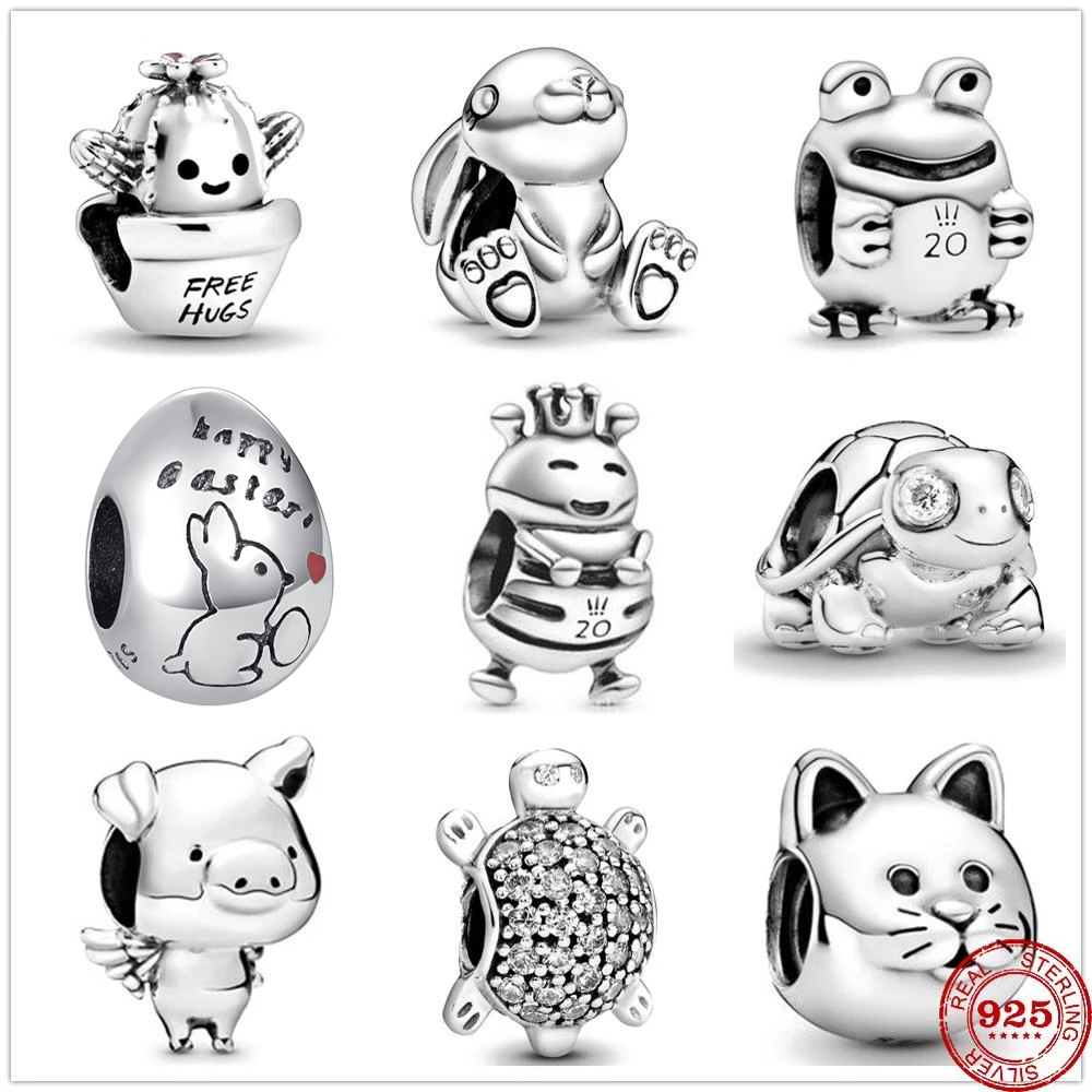 

925 Silver Charm Beads Dangle Cactus Animal rabbit cat Bead Fit Pandora Charms Bracelet DIY Jewelry Accessories