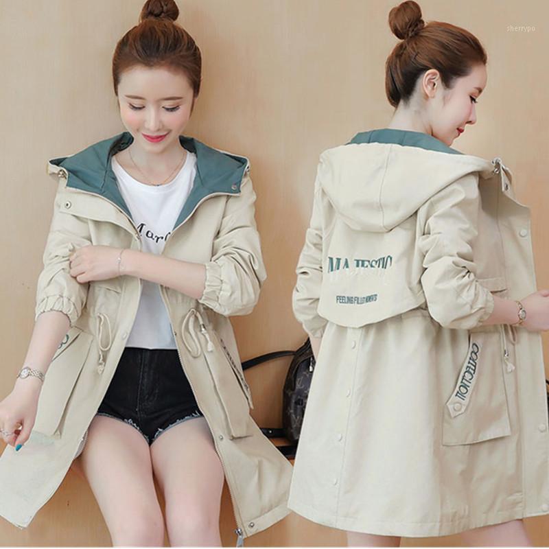 

Women's Trench Coats Hooded Coat Women 2022 Spring Drawstring Slim Mid-Long Windbreaker Embroidery Button Loose Casual Female Outerwear, Blue