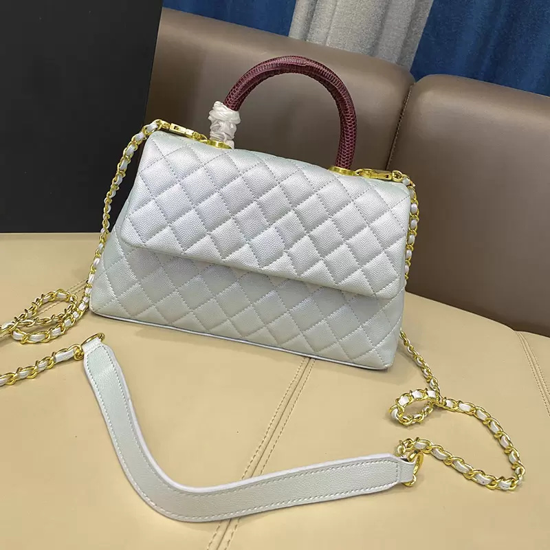 25cm Lady Flap Glitter co Tote Bag Coral Pink Blue White Shimmer Quilted Designer Bags Gold-Tone Metal Chain Hardware Handle Handbag Diamond Quil