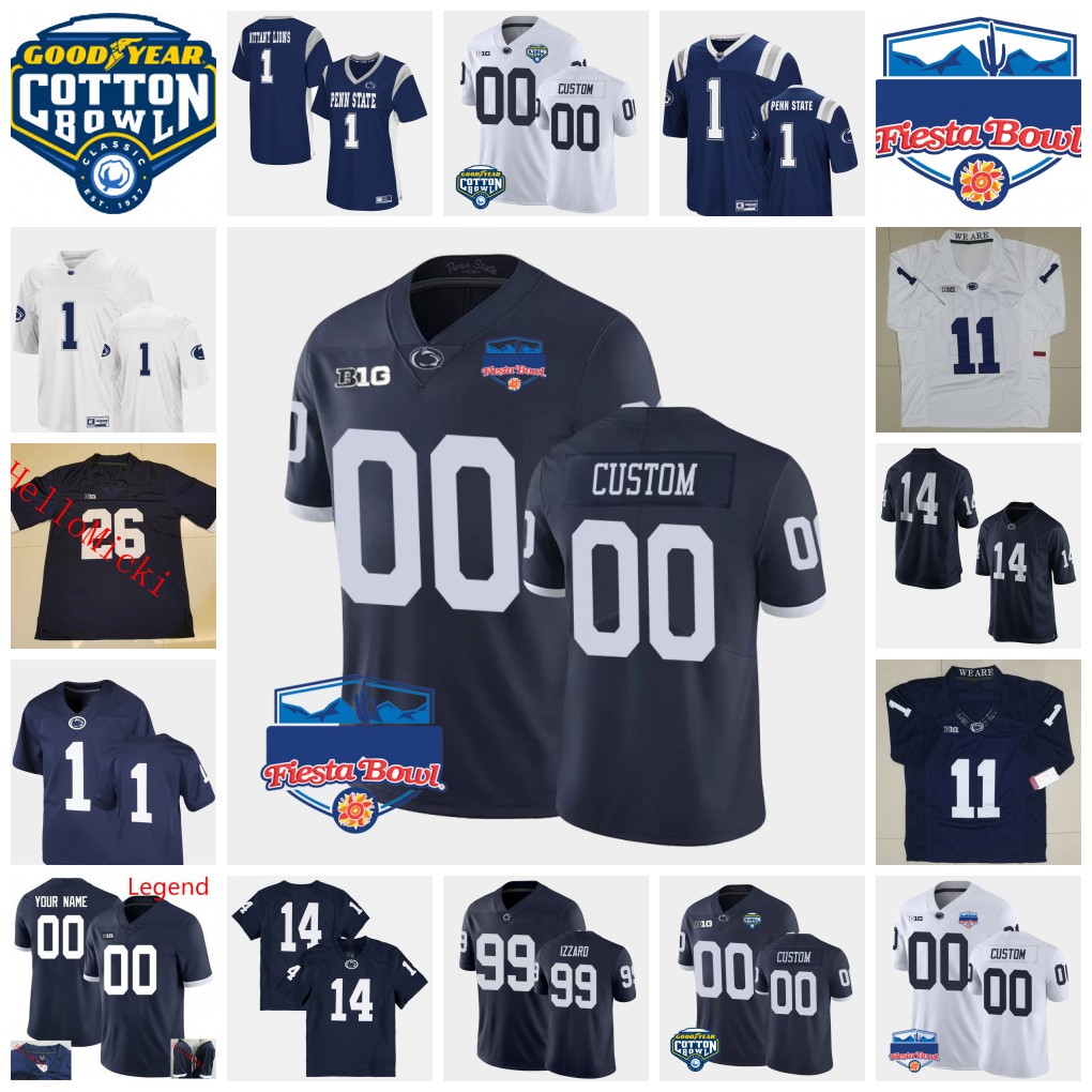 

2022 NCAA Custom Penn State Nittany Lions Stitched Football Jersey 9 Christian Veilleux 85 Harrison Wallace III 24 Jeffrey Davis Jr 45 Charlie Katshir 43 Tyler Elsdon, Navy with fiesta bowl patch