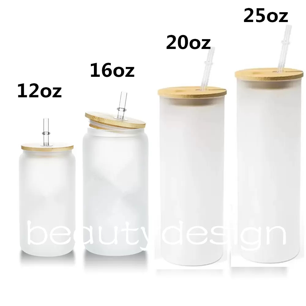 

12oz 16oz 20oz 25oz Sublimation Glass Mugs with Bamboo Lid Straw DIY Frosted Clear Drinking Utensil Coffee Wine Milk Beer Juice Cold Tumblers, Frosted with lid and straw