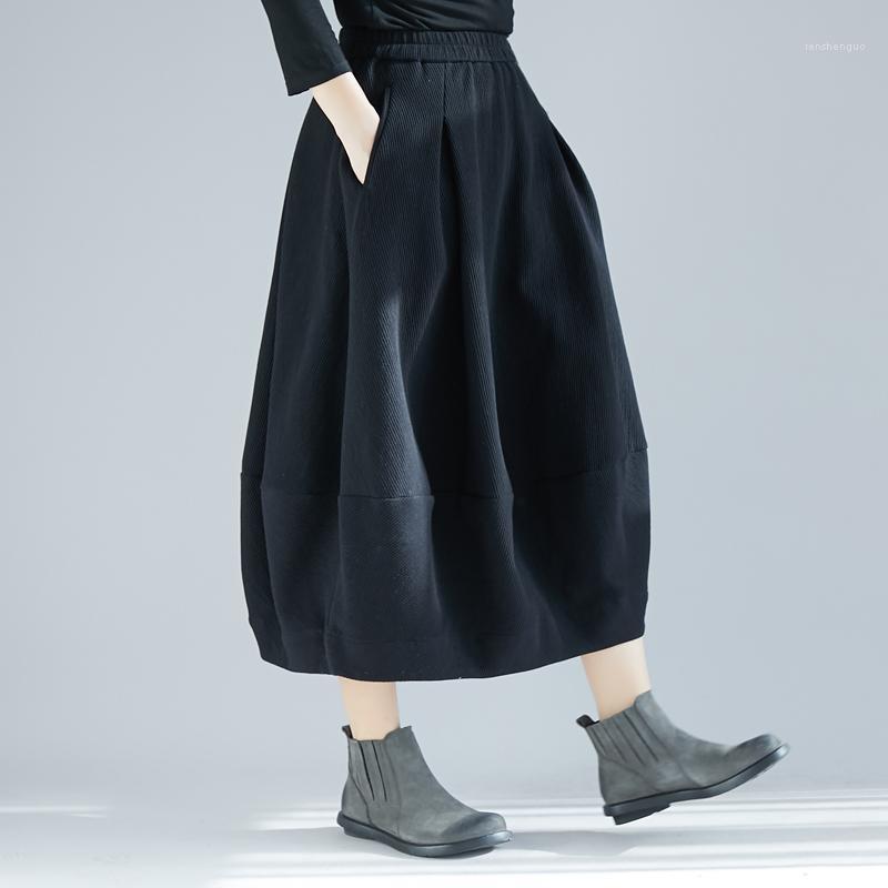 

Autumn Winter Women Long Skirts Female Solid Color Natural Waist Skirt Casual Loose DM001, Black