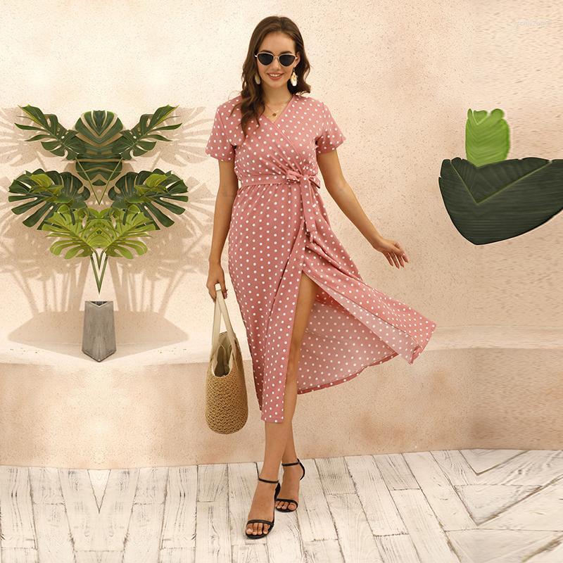 

Casual Dresses 2022 Summer Polka Dot Bandage Dress Women Short Sleeve V Neck Split Ladies Medium Long Elegant Sundress, Black