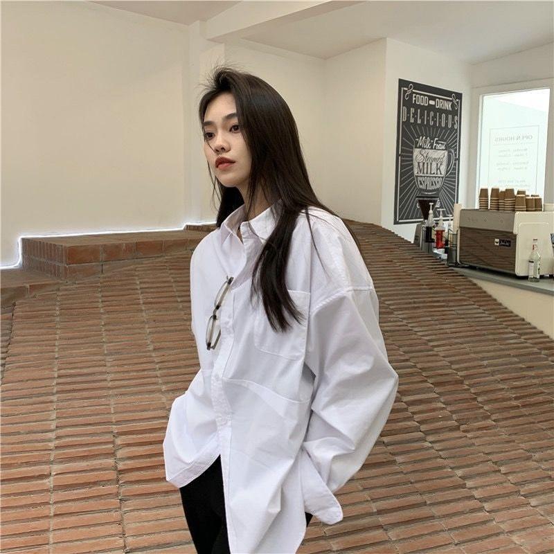 

Women' Blouses & Shirts Zadily 2022 Summer Minimalist Bf Style Oversize Women' White Shirt Pocket Button Up Blouse Casual Plus Size Y2