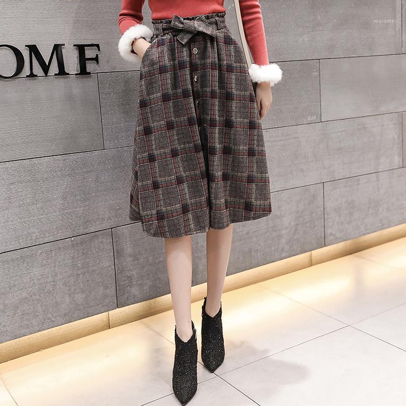 

Skirts Woollen Lattice Women Skirt Autumn Winter Retro Elastic High Waist A Word Long Style Large Plaid Swing, Green