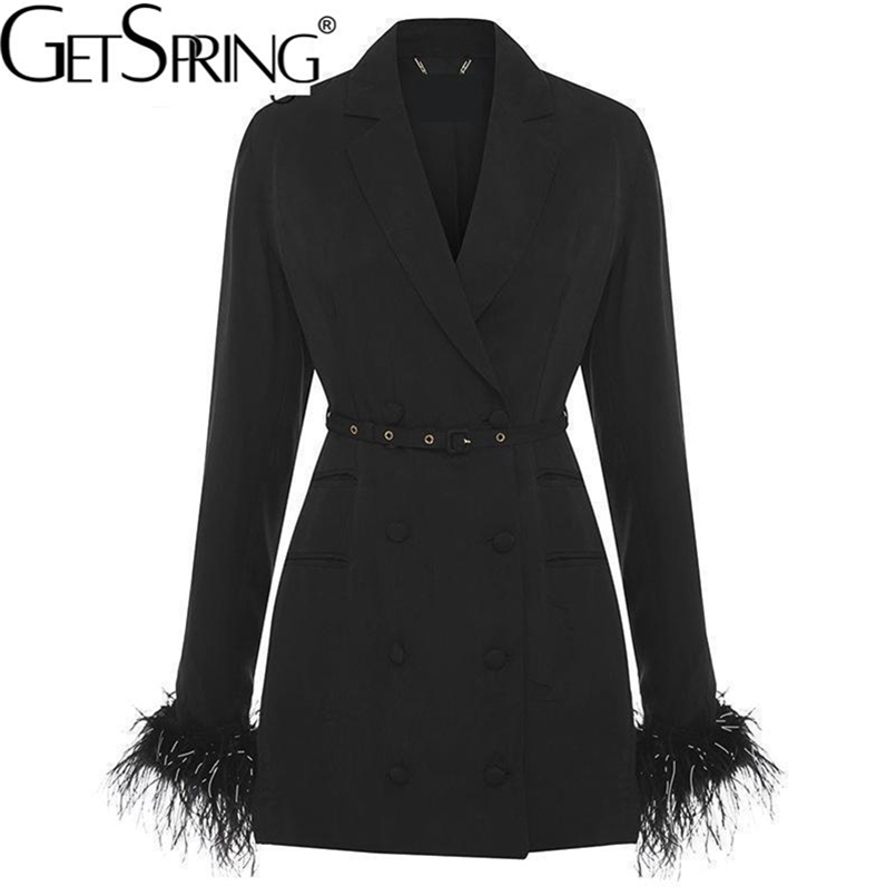 

GETSPRING Women Blazer dress elegant Long Black Feather Coats Jacket suit double breasted Bandage outfit Spring autumn 220402