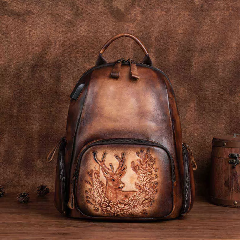 

Backpack Live Broadcast Large Capacity Backpack Brush Color Top Layer Cowhide Women's Bag Personalized Deer Head Portable Backpack