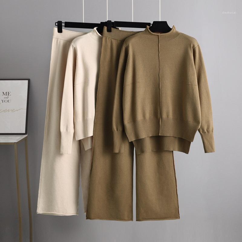 

Women's Two Piece Pants SINGREINY 2022 Autumn Winter Thick Knitted Suits Casual Loose Irregular Split Sweater High Waist Long Set Women, Black