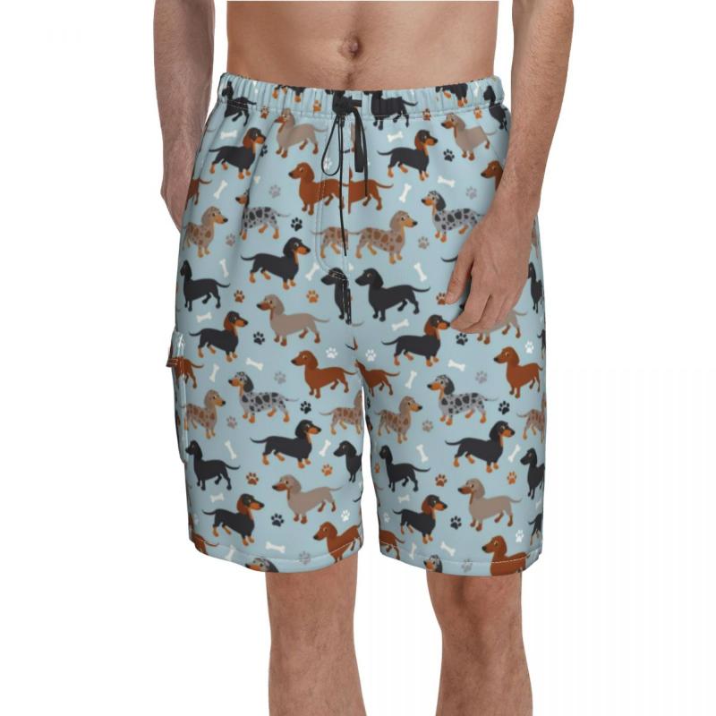 

Men' Shorts Dog Print Board Dachshund Paws And Bones Beach Drawstring Funny Custom Swim TrunksMen