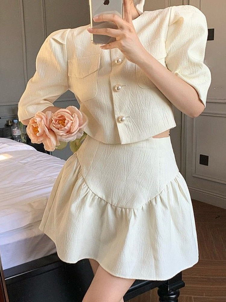 Summer Ins Sweet Small Fragrant T 2 Piece Set Women Puff Sleeve Crop Top Coat Mini Skirts Sets Korean Fashion Skirt Suits 220611