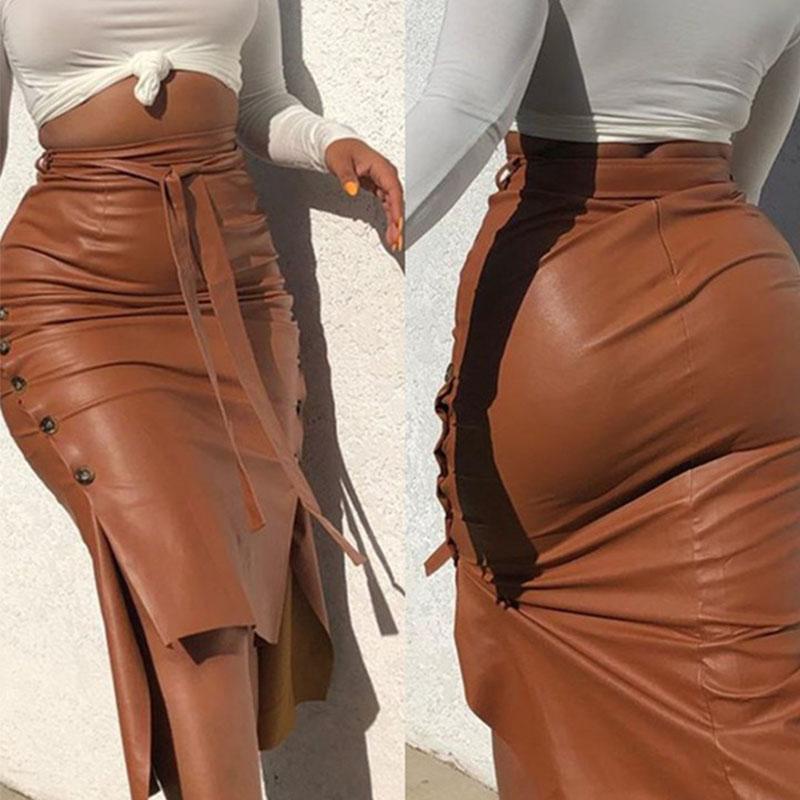 

Skirts Women PU Leather Midi Skirt Solid Color High Waist Lace-up Side Button Slim Skinny Pencil For Ladies StreetwearSkirts, Black