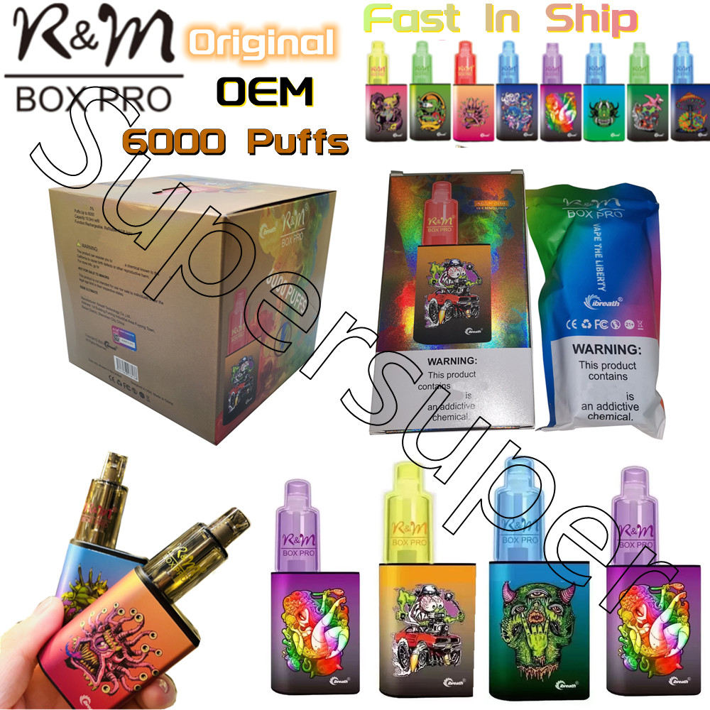 

100% Original R&M RM BOX PRO 6000 Bar Puffs Disposable E Cigarettes 2% 5% OEM 16 Colors Vape Pen 850mAh Rechargeable Battery With A Lanyard 10ml Refillable Glowing Vapes