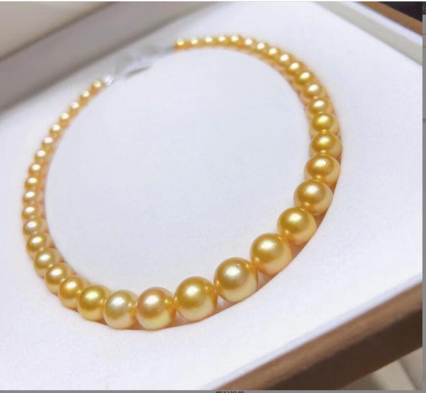 Pendant Necklaces 18"9-10mm Natural Genuine Round South Sea Gold Pearl 14kPendant-image-784050531