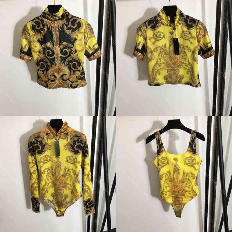 

22ss Fashion Women Short Sleeve T-Shirt Stand Collar Vintage Print Summer Open Back Sling One-Pieces Swimsuit 5A Zip Crop Top Ve..ce Brand Logo Designer Female Apparel