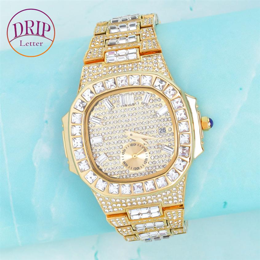 

Baguette Men's Watch Gold Color Irregular Square Big Dial Military Quartz Clock Luxury Rhinestone Business Waterproof Wrist W241N, Rose gold color