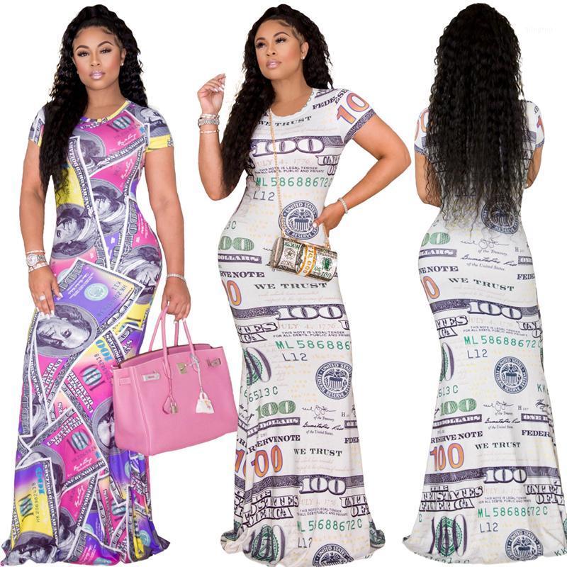 Robes de soirée de haute qualité dames Maxi robe à manches courtes Dollar imprimé été femmes décontracté