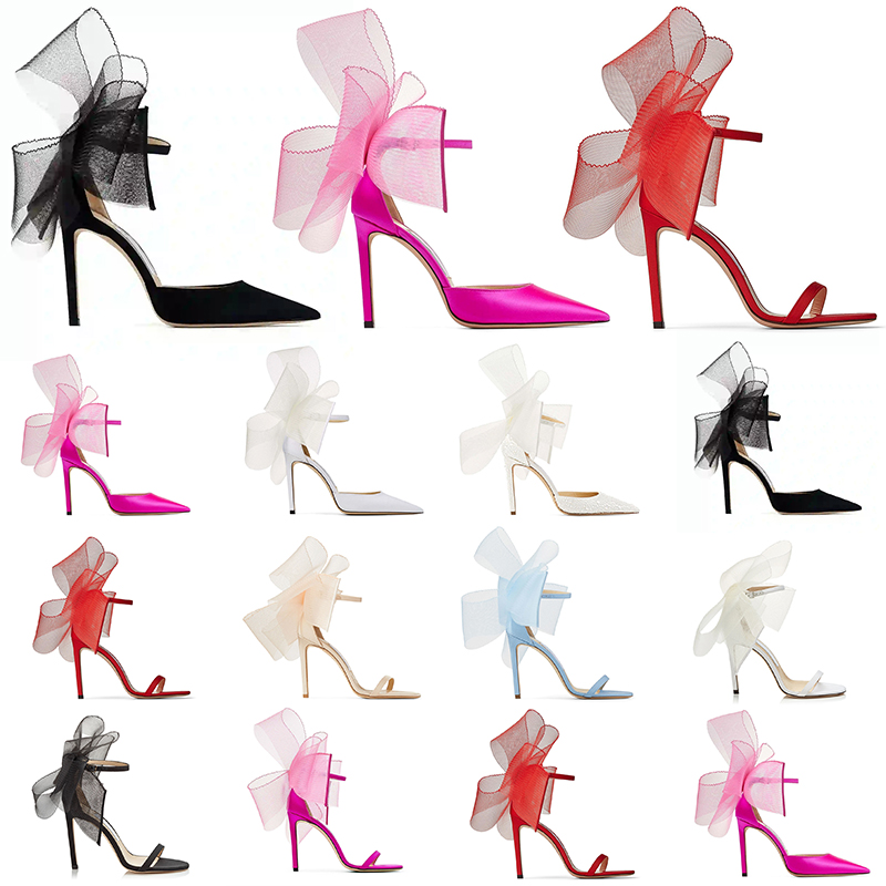 

With BOX Luxury Designer High Heels Sandals women heel Averly Pumps Aveline Sandal with Asymmetric Grosgrain Mesh Fascinator Bows Shoes, Item #1