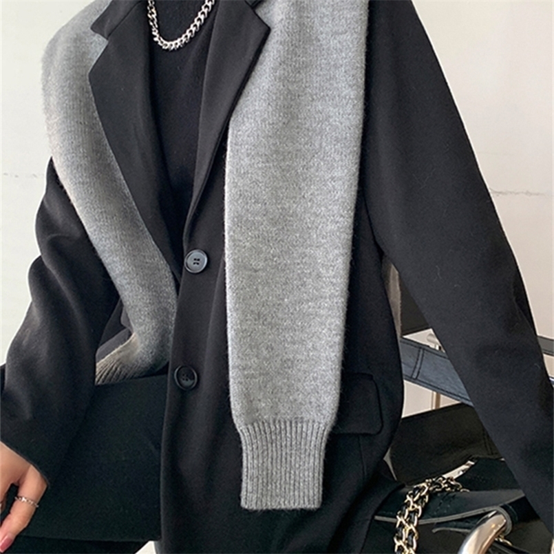 

[EAM] Women Knitted Shawl Spliced Blazer Notched Long Sleeve Loose Fit Jacket Fashion Spring Autumn 1DD2437 220402, Black