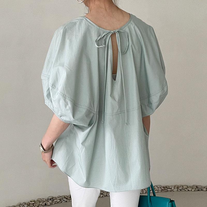 

Women's Blouses & Shirts SuperAen 2022 Summer Solid Simple O Neck Tie-up Front And Back Loose Lantern Sleeve Casual Women TopsWomen's, White