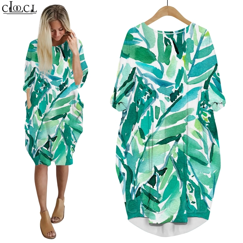 Femmes robe belles plantes hawaïennes 3D graphique ample fille jupe à manches longues poche femme robes décontractées W220616