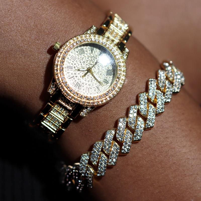 

Wristwatches Iced Out Women Watches Bracelet Gold Ladies Wrist Luxury Rhinestone Cuban Link Chain Watch Bling JewelryWristwatches Wristwatch, C007801gd